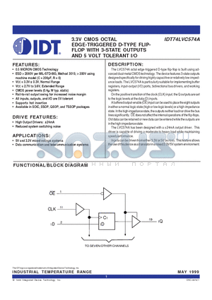 IDT74LVC574A datasheet - 3.3V CMOS OCTAL EDGE-TRIGGERED D-TYPE FLIPFLOP WITH 3-STATE OUTPUTS AND 5 VOLT TOLERANT I/O