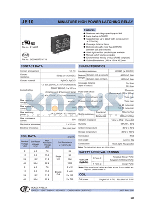 JE10124HTL2 datasheet - MINIATURE HIGH POWER LATCHING RELAY