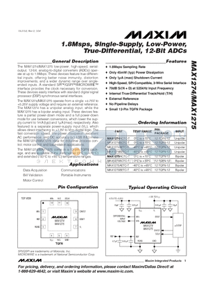 MAX1274AETC-T datasheet - 1.8Msps, Single-Supply, Low-Power, True-Differential, 12-Bit ADCs