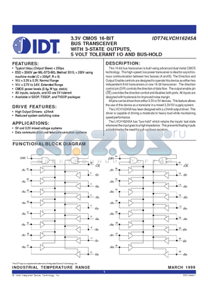 IDT74LVCH16245A datasheet - 3.3V CMOS 16-BIT BUS TRANSCEIVER WITH 3-STATE OUTPUTS, 5 VOLT TOLERANT I/O AND BUS-HOLD