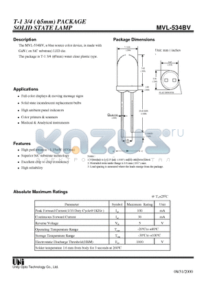 MVL-534BV datasheet - T-1 3/4 ( f5mm) PACKAGE SOLID STATE LAMP