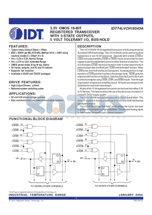 IDT74LVCH16543APV datasheet - 3.3V CMOS 16-BIT REGISTERED TRANSCEIVER WITH 3-STATE OUTPUTS, 5 VOLT TOLERANT I/O, BUS-HOLD