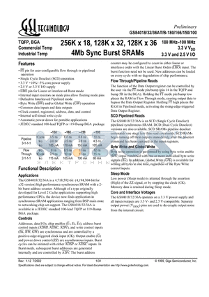 GS84018AT-180I datasheet - 256K x 18, 128K x 32, 128K x 36 4Mb Sync Burst SRAMs