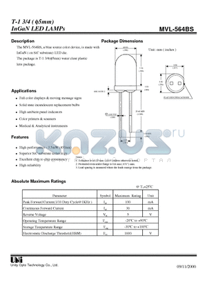 MVL-564BS datasheet - T-1 3/4 ( f5mm) InGaN LED LAMPs