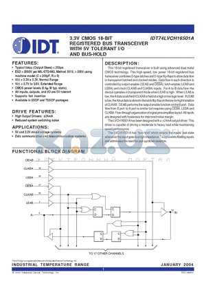 IDT74LVCH16501APA datasheet - 3.3V CMOS 18-BIT REGISTERED BUS TRANSCEIVER WITH 5V TOLERANT I/O AND BUS-HOLD