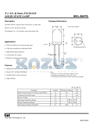 MVL-564TG datasheet - T-1 3/4 ( f 5mm) PACKAGE SOLID STATE LAMP