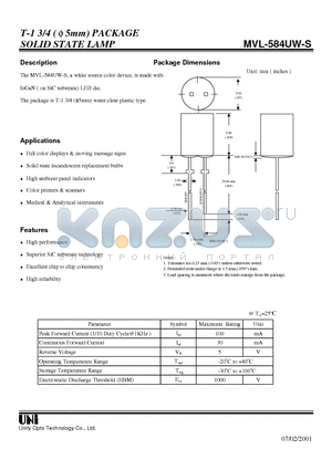 MVL-584UW-S datasheet - T-1 3/4 ( f 5mm) PACKAGE SOLID STATE LAMP