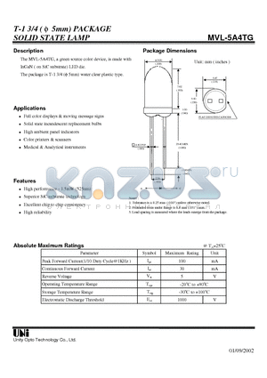 MVL-5A4TG datasheet - T-1 3/4 ( f 5mm) PACKAGE SOLID STATE LAMP
