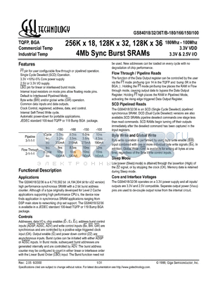 GS84018T-180 datasheet - 256K x 18, 128K x 32, 128K x 36 4Mb Sync Burst SRAMs