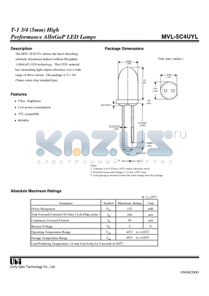 MVL-5C4UYL datasheet - T-1 3/4 (5mm) High Performance AlInGaP LED Lamps