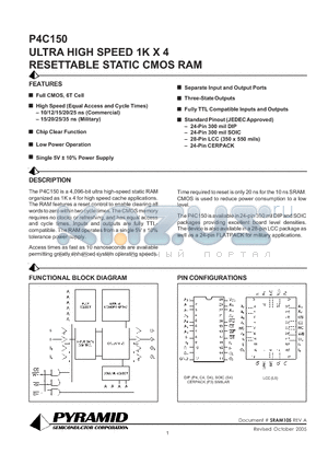 P4C150-20SMB datasheet - ULTRA HIGH SPEED 1K X 4 RESETTABLE STATIC CMOS RAM