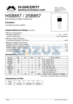 HSB857 datasheet - PNP EPITAXIAL PLANAR TRANSISTOR