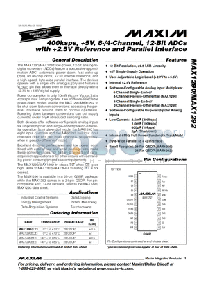 MAX1292ACEG datasheet - 400ksps, 5V, 8-/4-Channel, 12-Bit ADCs with 2.5V Reference and Parallel Interface