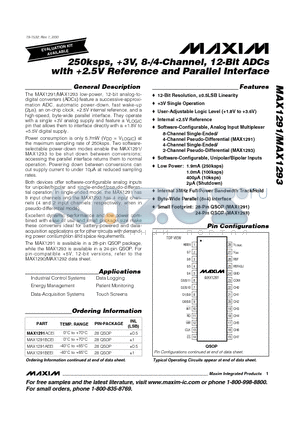 MAX1293BEEG datasheet - 250ksps, 3V, 8-/4-Channel, 12-Bit ADCs with 2.5V Reference and Parallel Interface