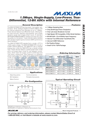 MAX1277BETC-T datasheet - 1.5Msps, Single-Supply, Low-Power, True-Differential, 12-Bit ADCs with Internal Reference
