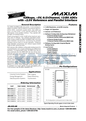 MAX1294AEEI datasheet - 420ksps, 5V, 6-/2-Channel, 12-Bit ADCs with 2.5V Reference and Parallel Interface