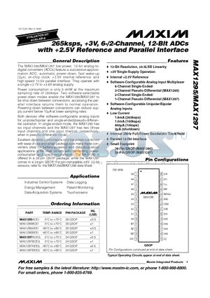 MAX1295BEEI datasheet - 265ksps, 3V, 6-/2-Channel, 12-Bit ADCs with 2.5V Reference and Parallel Interface