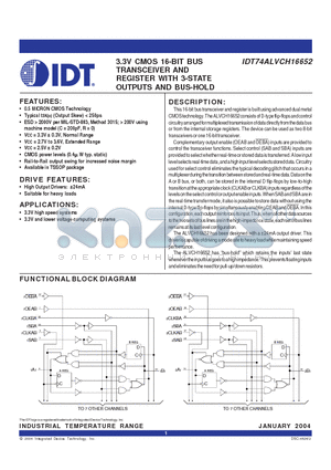 IDT75ALVCH16652PA datasheet - 3.3V CMOS 16-BIT BUS TRANSCEIVER AND REGISTER WITH 3-STATE OUTPUTS AND BUS-HOLD