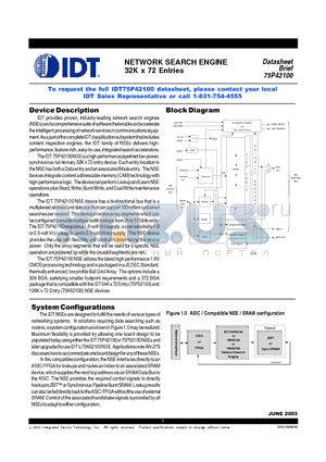 IDT75P42100 datasheet - NETWORK SEARCH ENGINE 32K x 72 Entries