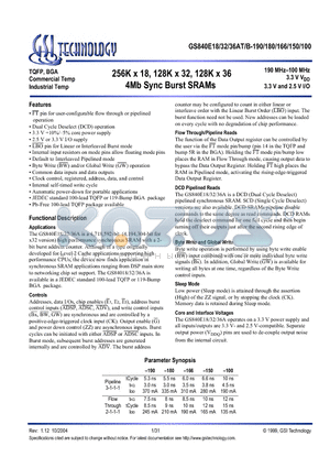 GS840E18AB-190 datasheet - 256K x 18, 128K x 32, 128K x 36 4Mb Sync Burst SRAMs