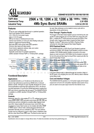 GS840E18T-150I datasheet - 256K x 18, 128K x 32, 128K x 36 4Mb Sync Burst SRAMs