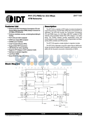IDT77105L25TF datasheet - PHY (TC-PMD) for 25.6 Mbps ATM Networks
