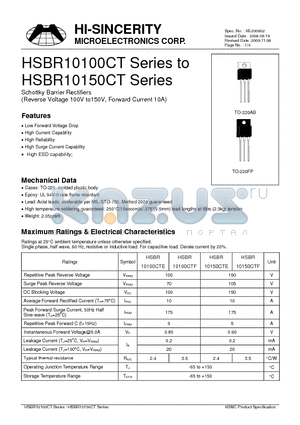 HSBR10100CT datasheet - Schottky Barrier Rectifiers (Reverse Voltage 100V to150V, Forward Current 10A)