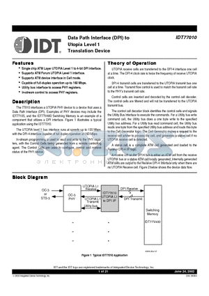 IDT77010 datasheet - Data Path Interface to Utopia Level 1 Translation Device