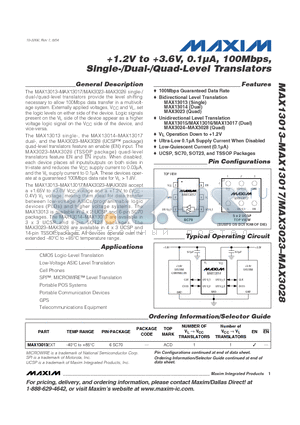 MAX13017 datasheet - 1.2V to 3.6V, 0.1uA, 100Mbps, Single-/Dual-/Quad-Level Translators