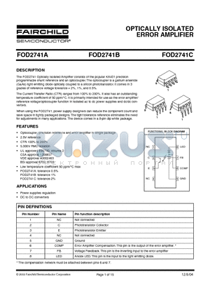 FOD2741BTV datasheet - OPTICALLY ISOLATED ERROR AMPLIFIER