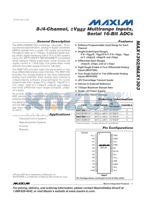 MAX1302BEUG datasheet - 8-/4-Channel, VREF Multirange Inputs, Serial 16-Bit ADCs