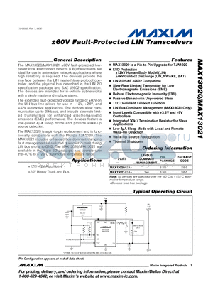 MAX13020ASA+ datasheet - a60V Fault-Protected LIN Transceivers