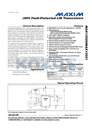 MAX13021ASA+ datasheet - a60V Fault-Protected LIN Transceivers