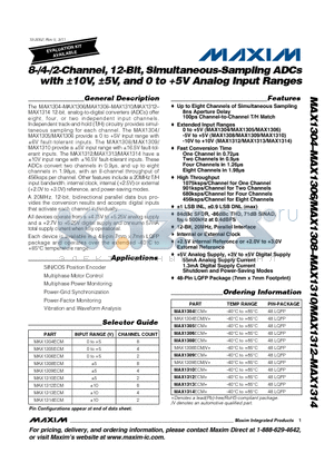 MAX1304 datasheet - 8-/4-/2-Channel, 12-Bit, Simultaneous-Sampling ADCs with a10V, a5V
