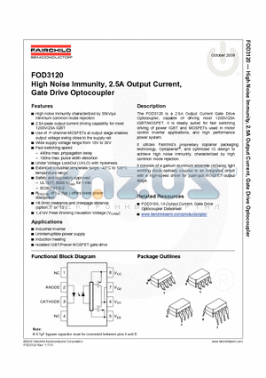 FOD3120TSV datasheet - High Noise Immunity, 2.5A Output Current, Gate Drive Optocoupler