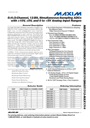MAX1305 datasheet - 8-/4-/2-Channel, 12-Bit, Simultaneous-Sampling ADCs with a10V, a5V, and 0 to 5V Analog Input Ranges