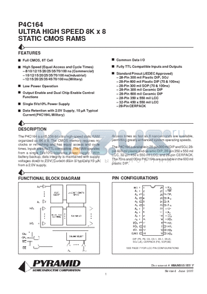 P4C164-10JMLF datasheet - ULTRA HIGH SPEED 8K x 8 STATIC CMOS RAMS