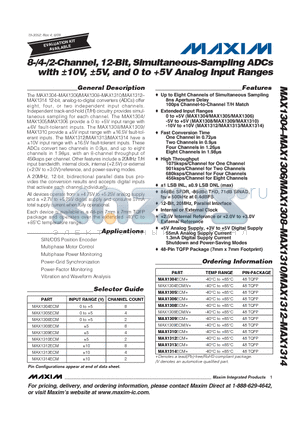 MAX1306 datasheet - 8-/4-/2-Channel, 12-Bit, Simultaneous-Sampling ADCs with a10V, a5V, and 0 to 5V Analog Input Ranges