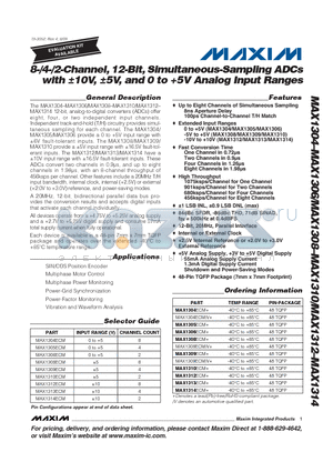 MAX1306ECM+ datasheet - 8-/4-/2-Channel, 12-Bit, Simultaneous-Sampling ADCs with a10V, a5V, and 0 to 5V Analog Input Ranges