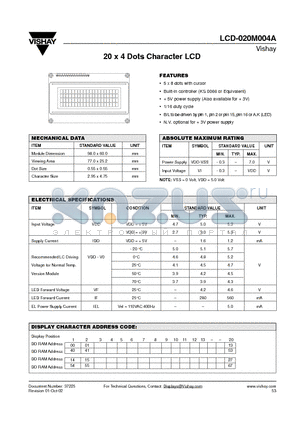 LCD-020M004A datasheet - 20 x 4 Dots Character LCD