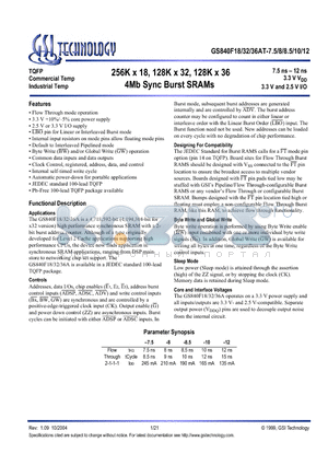 GS840F18AT-7.5I datasheet - 256K x 18, 128K x 32, 128K x 36 4Mb Sync Burst SRAMs