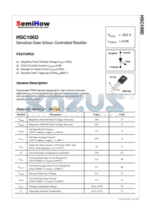 HSC106D datasheet - Sensitive Gate Silicon Controlled Rectifier