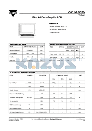 LCD-128X064A datasheet - 128 x 64 Dots Graphic LCD