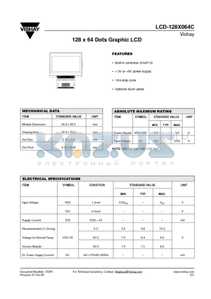 LCD-128X064C datasheet - 128 x 64 Dots Graphic LCD