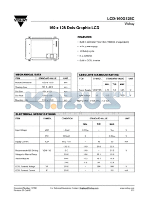LCD-160G128C datasheet - 160 x 128 Dots Graphic LCD