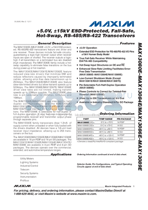 MAX13087ECPA+ datasheet - 5.0V, a15kV ESD-Protected, Fail-Safe,Hot-Swap, RS-485/RS-422 Transceivers