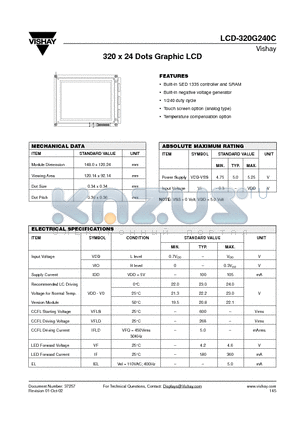 LCD-320G240C datasheet - 320 x 24 Dots Graphic LCD