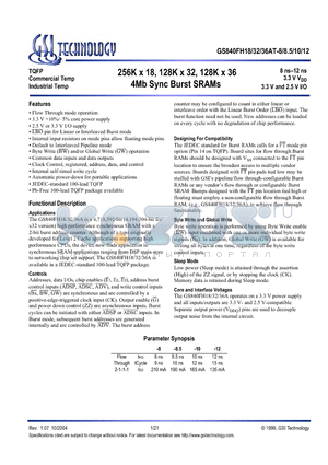 GS840FH18AGT-8I datasheet - 256K x 18, 128K x 32, 128K x 36 4Mb Sync Burst SRAMs