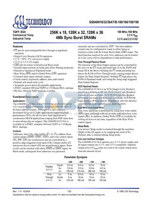 GS840H18AGT-100 datasheet - 256K x 18, 128K x 32, 128K x 36 4Mb Sync Burst SRAMs