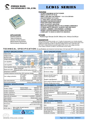 LCD15-12D12 datasheet - 15 WATTS MAXIMUM OUTPUT POWER